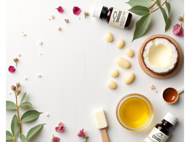 Barangan asas semula jadi seperti minyak kelapa, shea butter, dan bekas kosong diatur untuk bengkel bagi pemula.