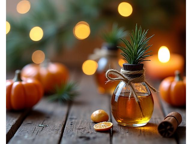 Botol minyak wangi DIY bertema musim cuti dengan hiasan bunga dan rimpunan kayu manis, di atas meja kerja yang selesa.