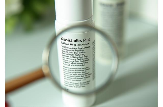 Cermin pembesar di atas label produk kosmetik.