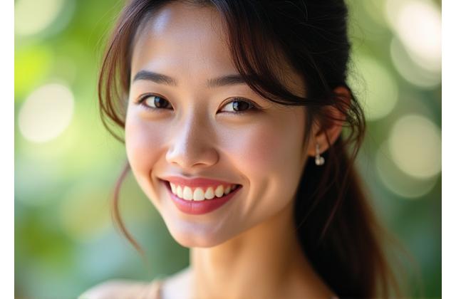 Wanita tersenyum gembira, melambangkan kulit yang sihat selepas beralih kepada produk organik.