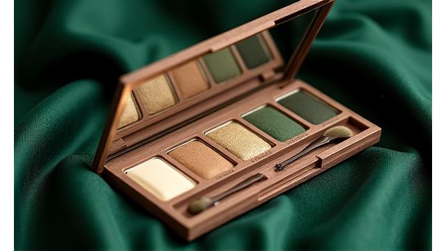 Palet eyeshadow organik dengan warna tanah dan hijau.