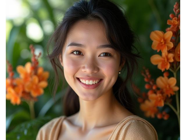 Seorang wanita Malaysia dengan solekan organik yang berseri, menunjukkan kulit sihat dan rona semula jadi, dikelilingi oleh bahan botani segar.