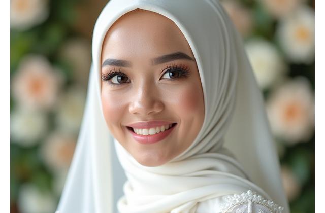 Pengantin wanita dengan solekan semula jadi pada hari perkahwinannya.