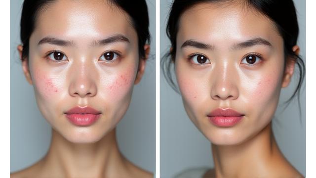 Before and after image of Ain's skin - before with acne and after with clear skin