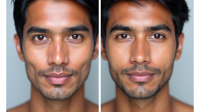 Before and after image of Rajesh's skin - before with dullness and sun spots, after with even tone