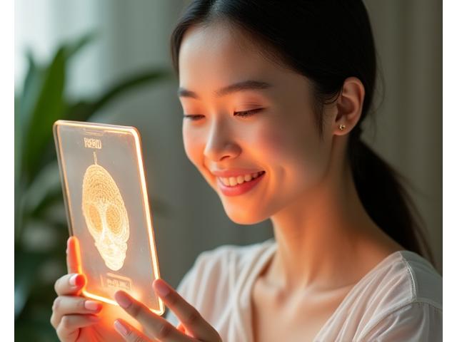 Wanita muda dengan kulit berseri sedang melihat tablet yang menunjukkan analisis kulit 3D AI