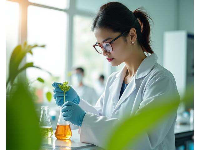 Ahli saintis Bunga Ayu Botanicals sedang menjalankan eksperimen formulasi kosmetik di makmal moden.