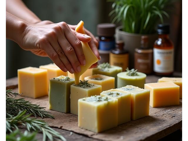 Tukang sabun Bunga Ayu Botanicals sedang menuang adunan sabun ke dalam acuan kayu besar, dikelilingi bahan semula jadi seperti herba dan minyak atsiri.