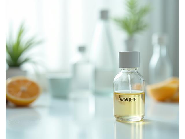 Gambaran teliti tentang botol kaca dengan label 'Fragrance Free' di latar belakang makmal yang bersih