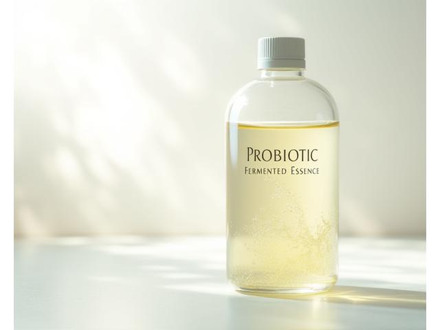 Esens probiotik penyeimbang dalam botol kaca berinspirasi botani