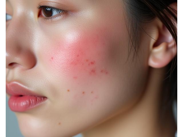 Wajah seorang wanita dengan kulit sensitif yang menunjukkan tanda-tanda kemerahan dan kerengsaan