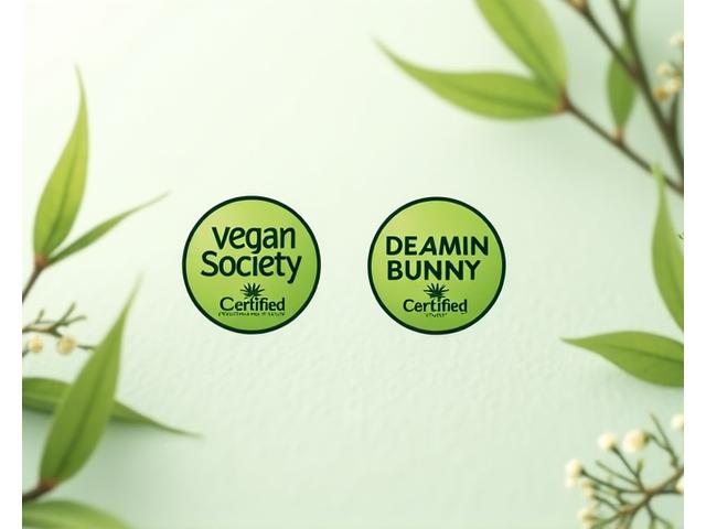 Set pensijilan Leaping Bunny dan Vegan Society pada latar belakang botani hijau