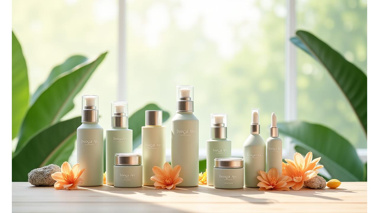 Rangkaian lengkap produk kecantikan vegan dan bebas kekejaman Bunga Ayu Botanicals dengan latar belakang daun hijau lembut