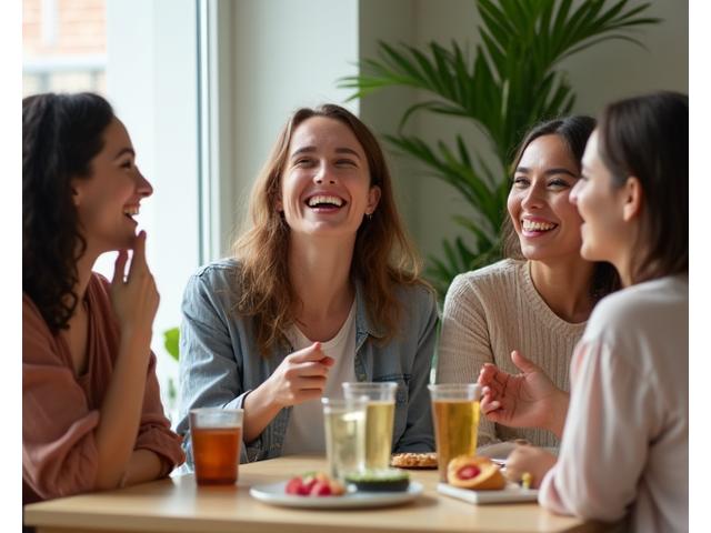 Sekumpulan wanita muda dan bersemangat berkongsi tip kecantikan vegan dalam suasana kafe yang terang dan mesra