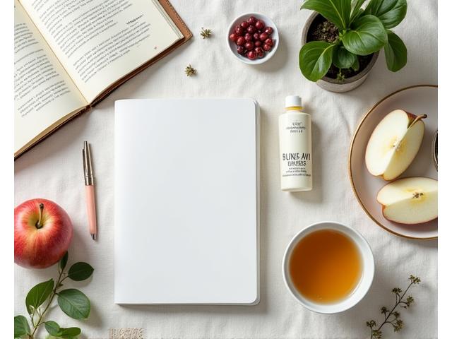 Meja yang ditata dengan produk penjagaan diri vegan, buah-buahan segar, dan buku jurnal, menunjukkan gaya hidup sihat