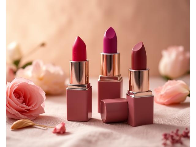 Bebaris lipstik vegan dengan warna-warna cerah, beberapa sedikit digigit untuk menunjukkan tekstur