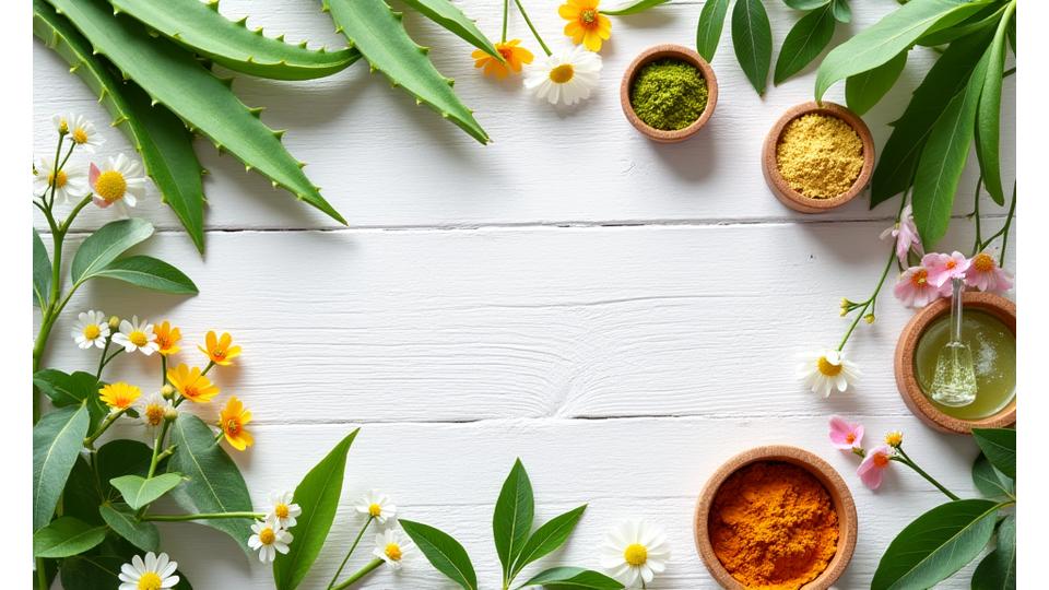 Pelbagai bahan botani segar dan ekstrak yang digunakan dalam kosmetik vegan, ditata secara seni