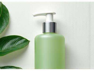 Pembersih muka vegan berasaskan tumbuhan dalam botol pum, dihiasi dengan daun segar