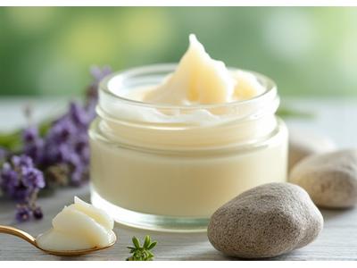 Pelembap muka vegan dalam balang krim dengan tekstur krim yang lembut