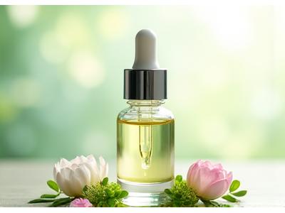 Serum wajah vegan dengan pipet, dikelilingi oleh bunga-bunga kecil