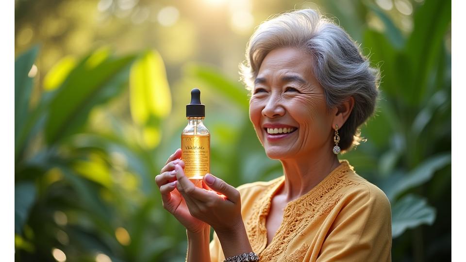 Pengasas Bunga Ayu Botanicals, Puan Sri Melati, sedang memegang botol serum semula jadi dengan senyuman tulus di taman herba yang subur.