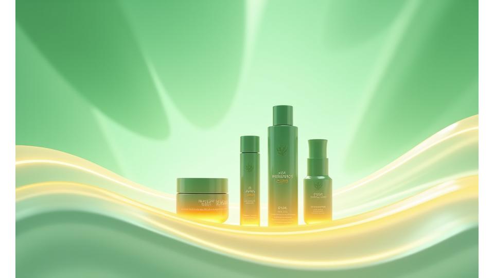 Reka bentuk futuristik produk kecantikan semula jadi, melambangkan inovasi dan pertumbuhan masa depan Bunga Ayu Botanicals.