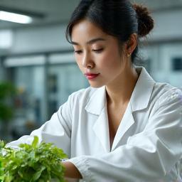Puan Aminah, Ketua Formulator, sedang memeriksa herba-herba segar untuk formulasi produk.