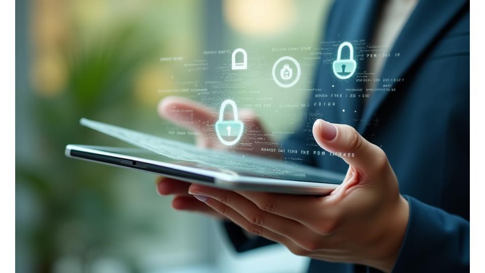 Tangan menggunakan tablet dengan ikon perlindungan dan kesahihan digital
